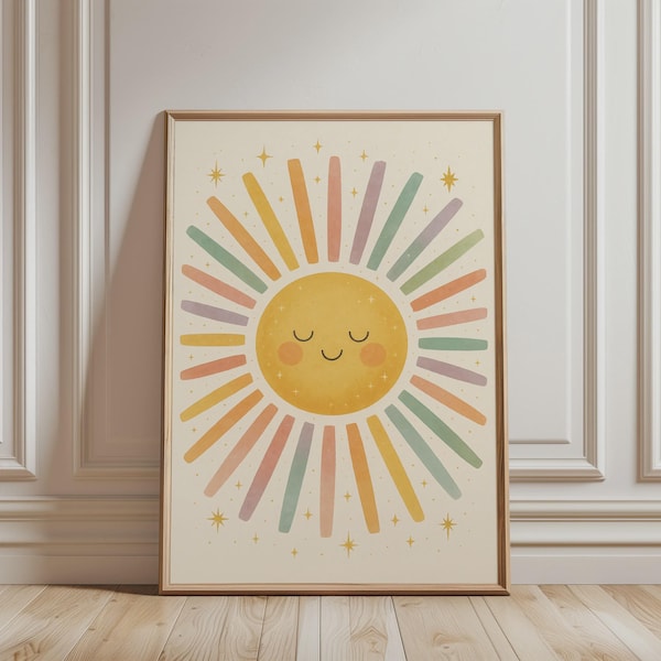 Nursery Wall Art - Cute Smiling Sun Print, Boho Celestial Art, Gender Neutral Artwork, Minimalist Pastel Poster, Kids Room Decor