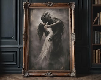 Gothic Wall Art - Dark Romance Art, Surreal Print, Beautiful Woman Kisses Beast Couple Art, Moody Poster for Dark Academia Home Decor