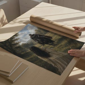 Fantasy poster featuring an armored knight on a black horse approaching a woman in a flowing gown in a sunlit meadow surrounded by trees.
