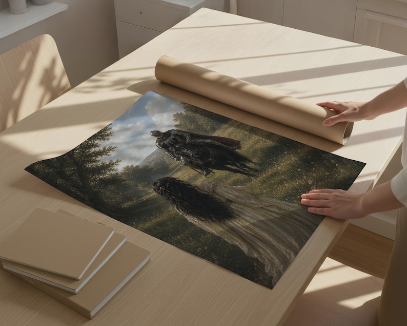 Fantasy poster featuring an armored knight on a black horse approaching a woman in a flowing gown in a sunlit meadow surrounded by trees.