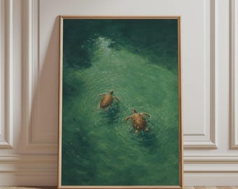 Modern Wall Art - Swimming Sea Turtles Print, Ocean Wildlife Painting, Minimalist Animal Print, Green Coastal Poster for Bathroom Decor