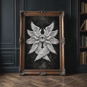 Black and white biblical angel wall art featuring a many-winged seraphim form with eyes in the wings and a central all-seeing eye on a dark celestial background.