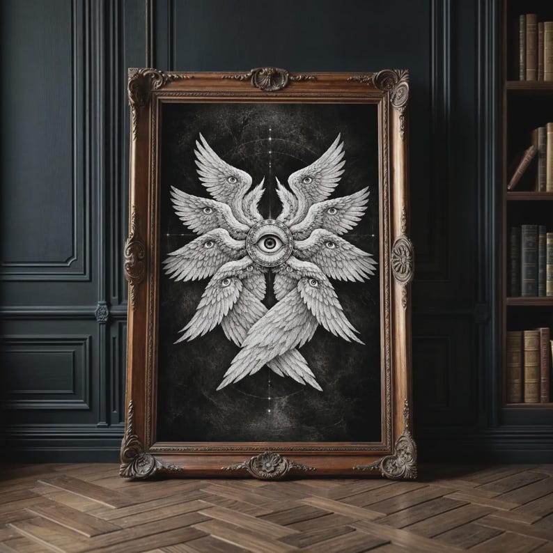 Black and white biblical angel wall art featuring a many-winged seraphim form with eyes in the wings and a central all-seeing eye on a dark celestial background.
