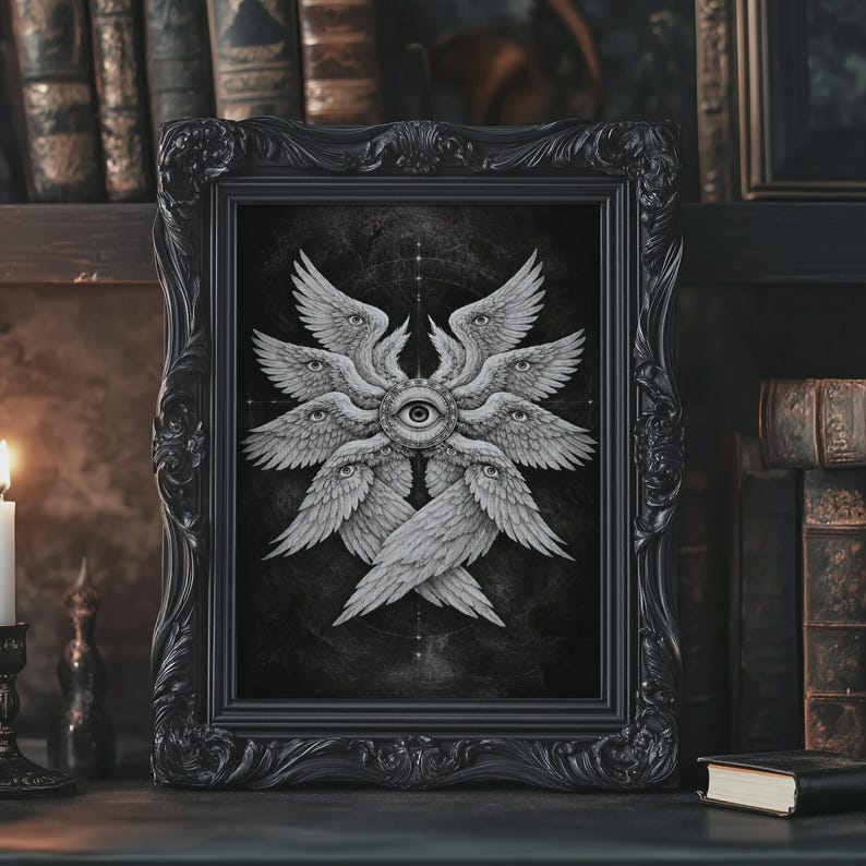 Black and white biblical angel wall art featuring a many-winged seraphim form with eyes in the wings and a central all-seeing eye on a dark celestial background.