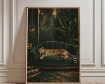 Cheetah Poster – Emerald Green Maximalist Wall Art, Luxury Animal Print, Dark Glam Living Room Decor, Moody Wildlife Artwork