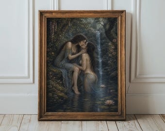 Sapphic Wall Art - Kissing Lesbian Couple in Lake Print, Romantic Fantasy Art, Water Nymph Artwork, Moody Poster, Dark Academia Home Decor