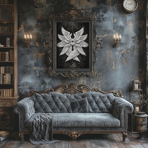 Black and white biblical angel wall art featuring a many-winged seraphim form with eyes in the wings and a central all-seeing eye on a dark celestial background.