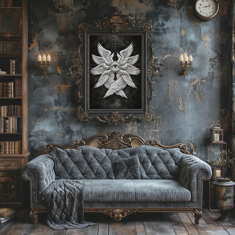 Black and white biblical angel wall art featuring a many-winged seraphim form with eyes in the wings and a central all-seeing eye on a dark celestial background.