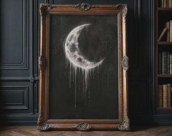 Crescent Moon Wall Art – Gothic Moon Poster, Black and White Celestial Print, Dark Academia Decor, Melting Moon Artwork, Moody Lunar Art