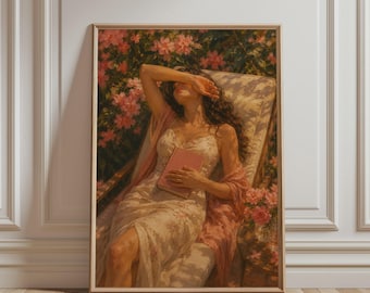 Summer Reading Poster, Woman With Book Wall Art, Romantic Floral Print, Cottagecore Reading Decor, Feminine Vintage Artwork, Book Lover Gift