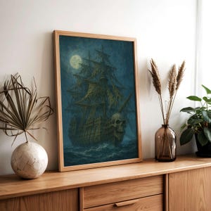 Arte mural de barco fantasma embrujado: impresión de barco pirata de fantasía oscura para decoración del hogar, arte oceánico, calavera-galeón, arte mural imprimible con descarga digital