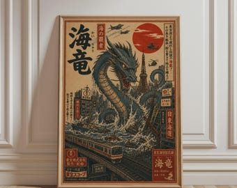 May include: A vintage-style poster featuring a large blue sea dragon emerging from the ocean in a city, with a red sun, a train on tracks, and Japanese text. The artwork depicts a chaotic scene with military aircraft and ships in the water.