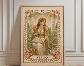 Spirituele muurdecoratie - Kunstprint met het sterrenbeeld Maagd, boho bloemenkunst, astrologische print, mystieke botanische vintage poster voor een hemelse woondecoratie