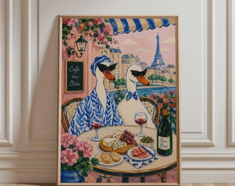 Paris Goose Poster – Funny French Café Wall Art, Wine and Cheese Print, Whimsical Animal Decor, Colorful Kitchen Artwork, Paris Lover Gift