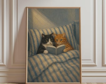 Tuxedo and Orange Tabby Cats Reading in Bed Poster – Cozy Book Lover Wall Art, Blue Striped Bedroom Decor, Whimsical Cat Print