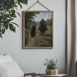 Fantasy poster featuring an armored knight on a black horse approaching a woman in a flowing gown in a sunlit meadow surrounded by trees.