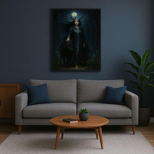 Moonlight Queen Wall Art - Stampa di una donna fantasy con un lupo nero per l'arredamento della casa, arte malinconica, decorazioni da strega, download digitale di stampe da parete.