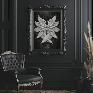 Black and white biblical angel wall art featuring a many-winged seraphim form with eyes in the wings and a central all-seeing eye on a dark celestial background.