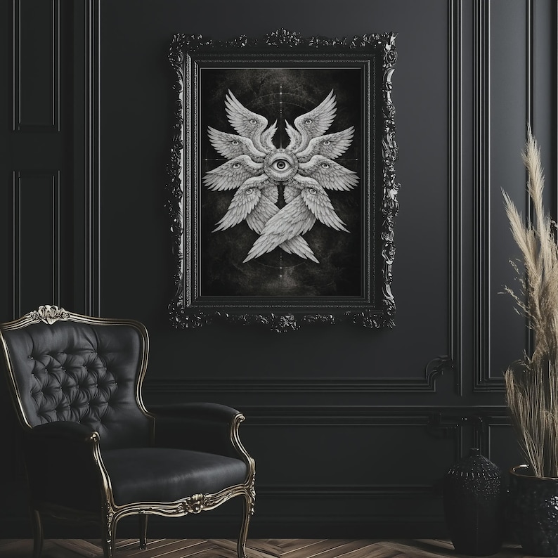 Black and white biblical angel wall art featuring a many-winged seraphim form with eyes in the wings and a central all-seeing eye on a dark celestial background.