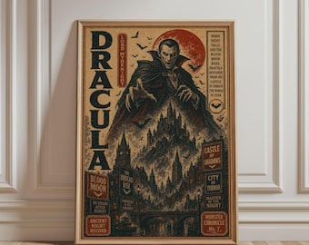 Dracula Muurdecoratie - Vintage Halloween Kunstprint, Gotische Vampier Monster Kunst, Retro Horrorposter voor een Donkere Academie-sfeer in je huis.