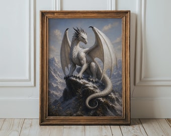 Drakenmuurdecoratie - Kunst met mythische wezens, epische vintage fantasykunst, kunstwerk van een witte draak op een besneeuwde berg, poster voor fantasy-woondecoratie