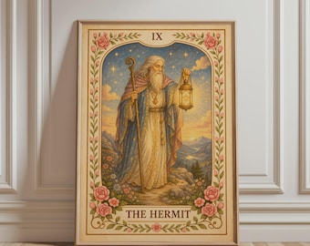 Spirituele Muurdecoratie - Tarotkaart 9 De Kluizenaar, Print, Bloemen Boho Grote Arcana Kunst, Mystieke Botanische Vintage Poster, Hemelse Woondecoratie