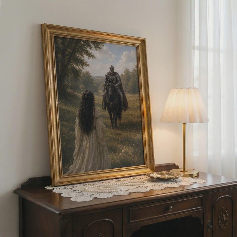 Fantasy poster featuring an armored knight on a black horse approaching a woman in a flowing gown in a sunlit meadow surrounded by trees.
