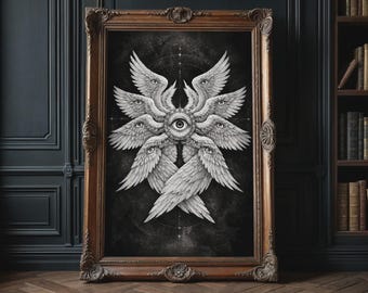Biblically Accurate Angel Wall Art - Gothic Print, Religious Art, Black & White Seraphim Angel Art, Christian Poster for Dark Academia Decor