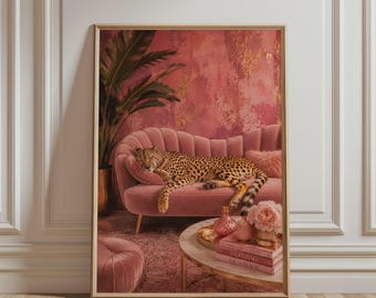 Cheetah Poster – Pink Maximalist Wall Art, Glamorous Animal Print, Leopard Living Room Decor, Luxury Fashion Artwork, Cheetah Lover Gift