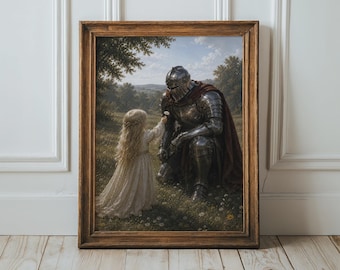 Fantasy Wall Art - Medieval Fairytale Print, Knight and Little Girl Art, Serene Wildflower Meadow Wall Art, Moody Poster, Fantasy Home Decor