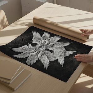 Black and white biblical angel wall art featuring a many-winged seraphim form with eyes in the wings and a central all-seeing eye on a dark celestial background.