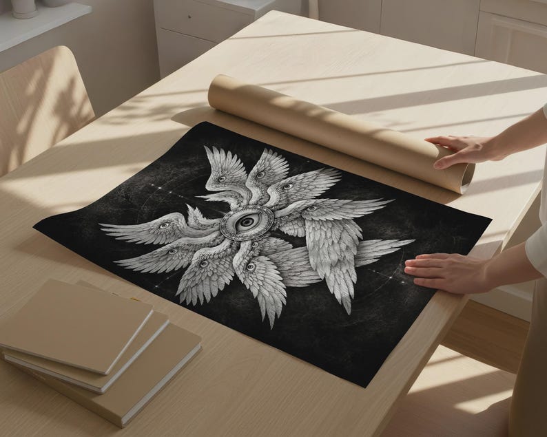 Black and white biblical angel wall art featuring a many-winged seraphim form with eyes in the wings and a central all-seeing eye on a dark celestial background.