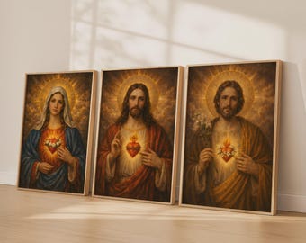 Set van 3 wanddecoraties met de Heilige Familie: Jezus met het Heilig Hart, Maria met het Onbevlekte Hart en Jozef met het Zuivere Hart. Een perfecte set voor in huis.