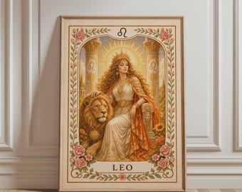Spirituele muurdecoratie - Leeuw sterrenbeeld kunstprint, boho bloemenkunst, astrologische print, mystieke botanische vintage poster voor hemelse huisdecoratie