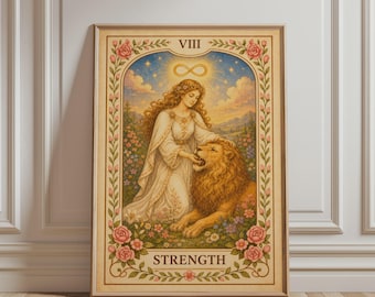 Spirituele Muurdecoratie - Print van de Tarotkaart 8 Krachten, Bloemen Boho Grote Arcana Kunst, Mystieke Botanische Vintage Poster, Hemelse Woondecoratie