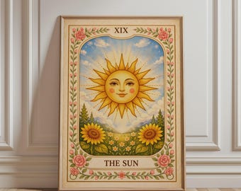 Spirituele muurdecoratie - Zon tarotkaartprint, boho bloemenlandschapprint, mystieke botanische vintage poster voor hemelse huisdecoratie