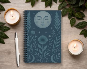 Moon Journal - Celestial Journal, Spiral Notebook, Witchy Boho Astrology Spiritual Journal, Aesthetic Cute Floral Notebook, Gift for Women