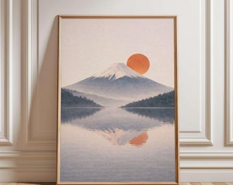 Japanse muurdecoratie - Minimalistische afbeelding van de berg Fuji bij zonsopgang, mistig berglandschap, rustgevend kunstwerk van een mistig bosmeer, abstracte landschapsposter