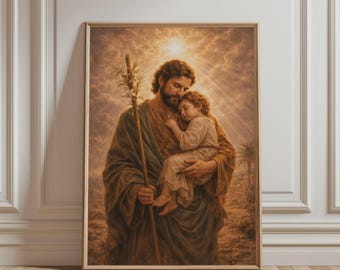 St Joseph Holding Jesus Wall Art - Religious Art, Biblical Wall Art, Christian Poster for Catholic Home Decor