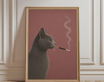Grey Cat Smoking Poster – Vintage Cat Wall Art, Dusty Rose Retro Cat Print, Quirky Animal Decor, Eclectic Artwork, Cat Lover Gift