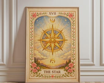 Spirituele muurdecoratie - Sterren tarotkaartprint, boho bloemenkunst, hemelse nachtprint, mystieke botanische vintage poster voor een hemelse huisdecoratie