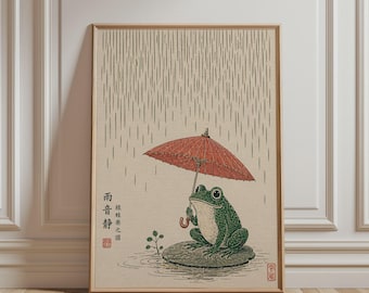 Japanse muurdecoratie - Kikker met paraplu, vintage, eigenzinnig dierenkunstwerk, minimalistische Aziatische kunst, poster voor Japanse interieurdecoratie