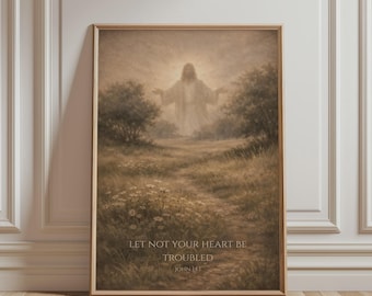 Christian Wall Art - JOHN 14:1 Let Not Your Heart Be Troubled Print, Vintage Bible Verse Art, Poster for Catholic Home Decor
