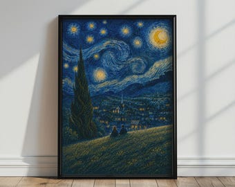 Sfeervolle muurdecoratie, kunstprint van een stel in een sterrennacht, stadsgezicht voor de slaapkamer, poster van een serene nachtelijke hemel, minimalistische, rustgevende muurdecoratie