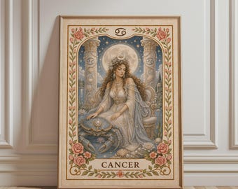 Spirituele muurdecoratie - Kunstprint met het sterrenbeeld Kreeft, boho bloemenkunst, astrologische print, mystieke botanische vintage poster voor een hemelse woondecoratie