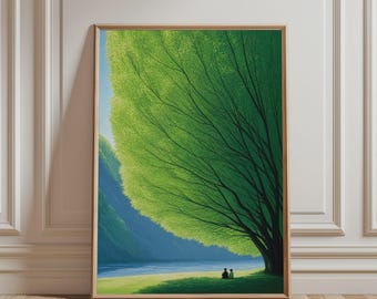 Natuur muurdecoratie – Print van een vredig stel onder een groene boom, landschapskunst met bergen voor de slaapkamer, poster van een sereen meer, minimalistische, rustgevende wanddecoratie