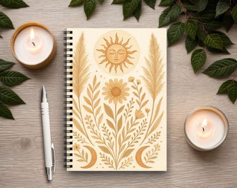 Journal céleste - Cahier à spirales floral, journal spirituel de sorcellerie, joli cahier esthétique pour écrire, dessiner et prendre des notes quotidiennes