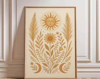 Boho Sun Poster, Floral Boho Wall Art, Celestial Botanical Sun Print, Bohemian Wall Decor