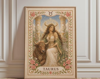 Spirituele muurdecoratie - Stier sterrenbeeld kunstprint, boho bloemenkunst, astrologische print, mystieke botanische vintage poster voor hemelse huisdecoratie
