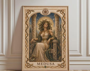 Medusa Muurdecoratie - Kunst met mythische wezens, Boho Gorgon & Slang Kunst, Griekse Mythologie Kunst, Vintage Poster van een Mystieke Godin voor een fantasierijk interieur